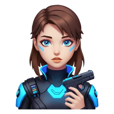 Neon cyberpunk style 
girl with brown hair and blue eyes 
shoots sticker