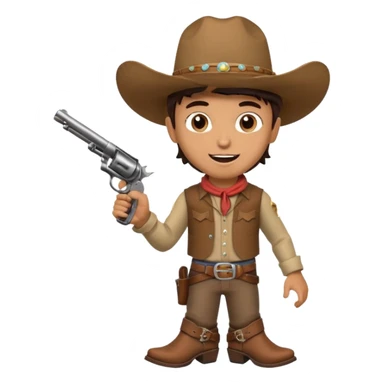 A young cowboy with oversized boots, excited expression, and a tiny toy revolver.
 sticker