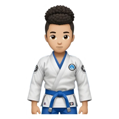 black jiu jitsu instructor with a afro ponytail and a low taper fade sides haircut, and a small fade on the sides with a blue belt and roger Gracie academy logo on the gi sticker