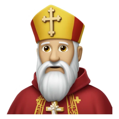 Bishop with long white beard in red tunic with yellow cross/crucifix sticker