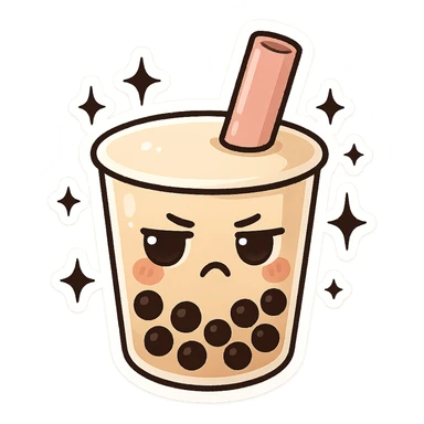chibi sticker-style bubble tea with black sparkles and a moody expression, cute and exaggerated sticker