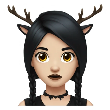 Portrait. Goth, deer girl. Wearing a black sleeveless dress with a choker. She has White antlers and deer ears. Long Black hair. She looks angry sticker