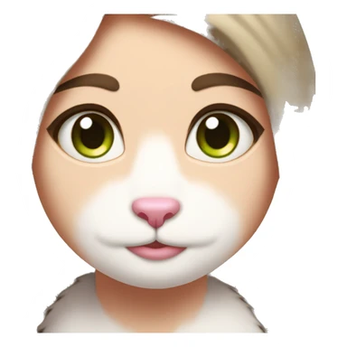 a girl with mid-length brown hair and brown eyes with a scar in the middle of her left eyebrow that forms a line that hugs a white cat with a pink nose and green eyes sticker