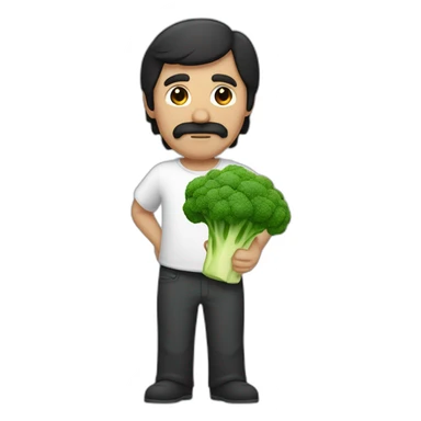 a slender mexican man with dark hair and scruff holding a broccoli sticker