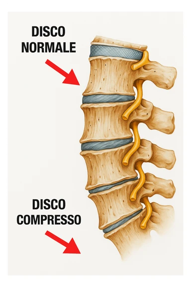 Realistic anatomical vertical illustration inspired by the reference image showing one vertebra with a compressed disc and another with a normal disc, clearly highlighting the difference between the two. Include clear anatomical details, no background, and captions in Italian. Vertical format 2:3. sticker