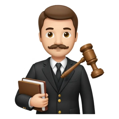 “Create a clean, modern emoji-style illustration of a male lawyer. He is wearing a formal suit jacket. He is holding a judge’s gavel in one hand and has a law book tucked under his arm. He has a mustache and a short beard, and sticker