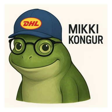 Design a realistic and clean DHL Express frog based on the reference image of a green frog with glasses and a DHL hat, smiling. Add the text 'Mikki kongur' in a modern font. Keep the look realistic and clean. sticker