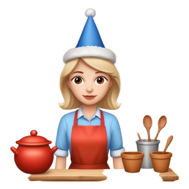 cartoon Apple iOS emoji style woman, pastel colors, Chilean wooden kitchen background, clay pots, warm light, detailed and clean vector art sticker