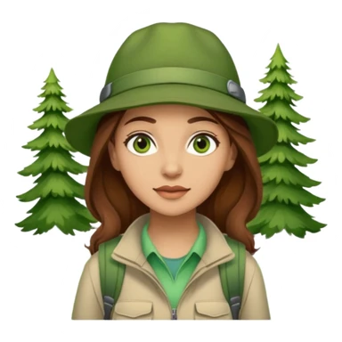 woman hiking in the woods in the sunshine. light face and green eyes. wearing a hat, brown hair sticker