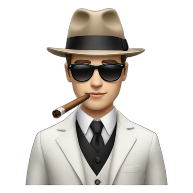 young white male adult with dark hair, black fedora hat, black ray ban sunglasses, three pieces costume and tie smoking a cigar sticker