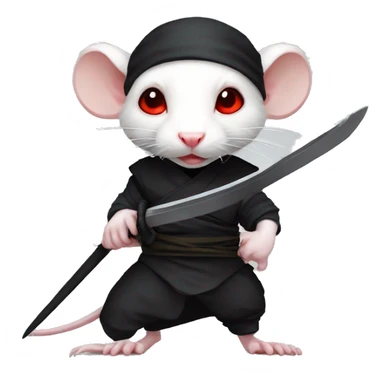 Albino rat red eyes wearing a headband, black ninja costume, dramatic pose, holding sword sticker