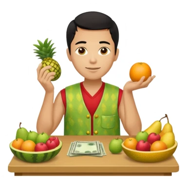 chico piel clara pelo negro con ropa de frutero sentado en una mesa contando mucho dinero sticker