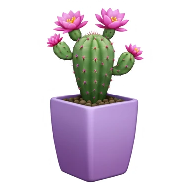 One ceramic pot in pastel violet, square, and tall, containing a flowering cactus. sticker