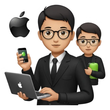 a asia man guy his 20s wearing an apple notebook, wearing bodyguard radio operator, round glasses, blAck clothes sticker