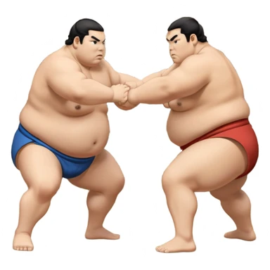 Two sumo wrestlers in a classic dohyo ring, each displaying powerful stances and ready to engage in a fierce match. One wrestler attempts a pushing attack, while the other counters with a thrust. The background shows the traditional sumo arena and spectators. Transparent background. sticker