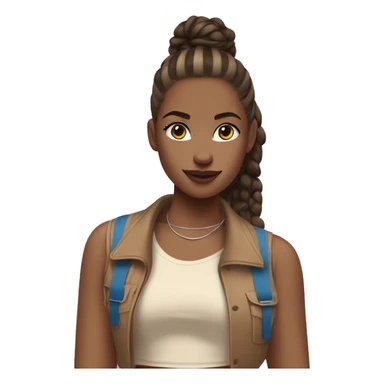 A girl wearing brown vest top with beige open crop shirt with brown vertical lines with blue straight jeans and white belt with white air Jordan high and doing a half bun ponytail  sticker