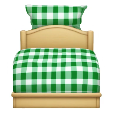 light wooden bed with green gingham beddings and a rectangular headboard sticker