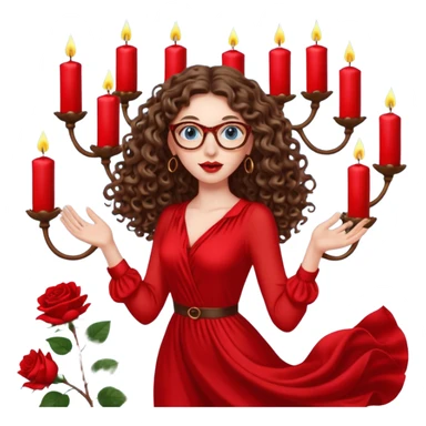 a blue eyed woman with very long brunette curly hair, full lips,and really pale skin. She is wearing a leopard printed thin round-ish glasses . She is wearing fully plain silky red dress. She is flying on the air. There are candles and sculptures and red roses all around her. She is making a magic. sticker