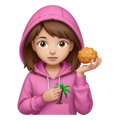 Girl with brown hair wearing a pink palm puff hoodie sticker