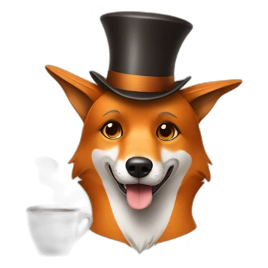 A dog looking like a fox drinking coffee wearing a high hat sticker