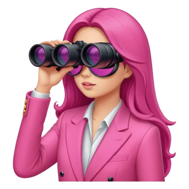 woman with long hair in an intensive color pink suit looking through binoculars sticker