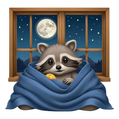 A raccoon sleeps under a blanket against the backdrop of an open window with the moon sticker