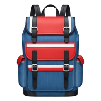 Minimalist emoji-style icon of a stylish blue denim backpack with a flap top, two vertical black buckle straps, a large red-white-navy horizontal block in the center, and two zipper side pockets. Inspired by Tommy Jeans design. Front view, cartoon-like, clean design.

 sticker