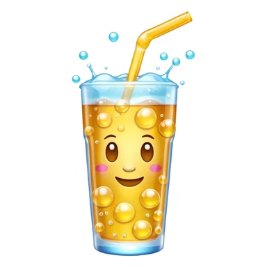 3D iPhone style emoji of bubbly soda pop, fizzy bubbles rising, translucent sparkling liquid, isolated on white background, soft shadows, high detail, playful and cute. sticker