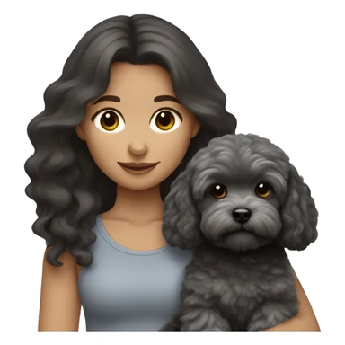 English Girl with dark brown long hair holding a charcoal gray maltipoo sticker