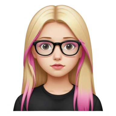 Teenage girl taking a selfie in a school bathroom. Long straight blonde hair with pink dye, rectangular glasses, black shirt, neutral expression with slightly glossy lips sticker
