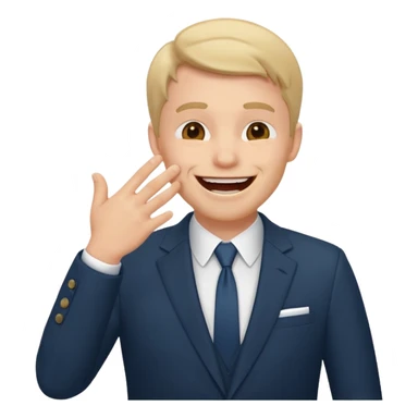 a white man in a formal suit laughs, covers his mouth with his hand sticker