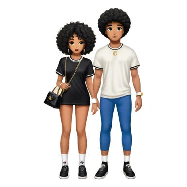 Man with loose curly tapered fro living his dream standing in the master bedroom of a mansion. He’s boo’d up with a pretty Brownskin big booty woman wearing a Chanel outfit with her holding a Chanel bag. The man has on a Fear of God Essentials outfit wearing designer socks. The man isn’t holding a bag sticker