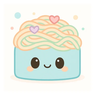 {
  "style_description": {
    "overall_look": "Cute, minimal, and soft with a friendly and playful tone",
    "material_simulation": {
      "primary_material": "flat digital color",
      "texture_detail": "smooth surfaces with no texture or shading",
      "pattern": "none or very simple decorative accents (e.g., hearts, stars)"
    },
    "geometry": {
      "edge_style": "rounded, soft curves with no sharp angles",
      "dimensionality": "flat two-dimensional appearance with simple shapes"
    },
    "color_palette": {
      "scheme": "pastel and light tones",
      "preferred_colors": ["pink", "mint", "lavender", "baby blue", "peach"],
      "contrast": "low contrast with bright accents"
    },
    "facial_features": {
      "eyes": "large, sparkly, often oval or circular",
      "mouth": "small, often a simple curve or dot",
      "expression": "joyful, innocent, or calm"
    },
    "lighting": {
      "type": "none or implied with soft highlights",
      "purpose": "maintain a clean and cheerful look"
    },
    "render_constraints": {
      "avoid": ["realistic shading", "high detail", "dark themes", "texture noise"],
      "focus_on": ["cute expression", "iconic simplicity", "emotional warmth"]
    },
    "background": {
      "color": "white or soft pastel",
      "style": "plain or patterned with simple icons (e.g., polka dots, stars)",
      "lighting_consistency": "no shadows, evenly lit feel"
    }
  }
}

{subject} = linguine cake sticker