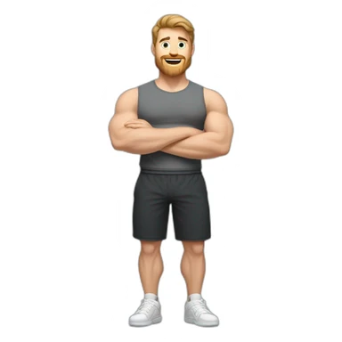 Full height Actively gesturing with hands Pale skinned Fit Man With the biceps and brown hair in dark gray Sleeveless Mike, black oversize sports shorts and white Sneakers sticker