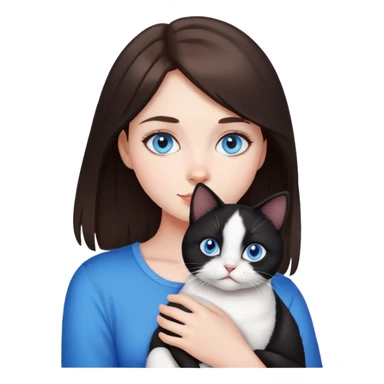 Brunette girl with blue eyes holding a black and white cat sticker