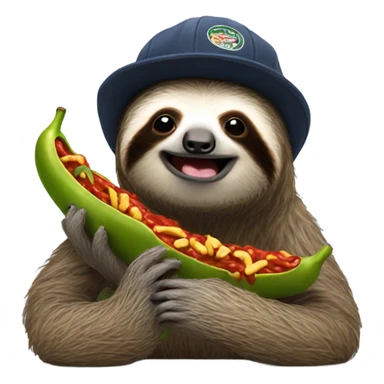 Sloth eating chili wearing a cap sticker