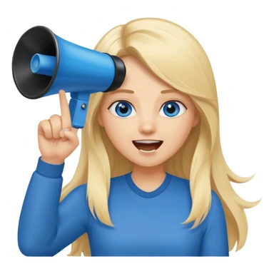  blue eyes blonde girl yelling into megaphone smiling long hair holding up finger sticker