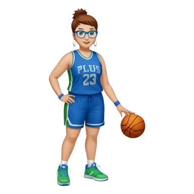 Full Body plus size white female basketball player with short medium brown hair with carmel highlights spikey hair wearing blue glasses 
 wide nose wearing blue green uniform  green sneakers smiling wearing silver hoop earrings sticker