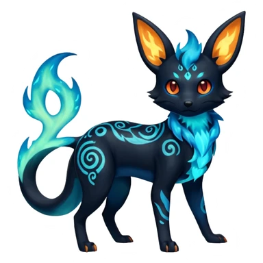 Shiny Fiery Dark Glowing Ethereal Eldritch Cool Edgy Badass Punky Aural Iridescent Fluorescent Bioluminescent Umbreon-Amaura-Salandit-Litten-Flareon-Fakémon-fusion (full body) with intricate pattern markings sticker