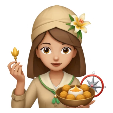 create an image similar to an emoji of a pinni / laddoo as an assamese girl navigating using a compass. She also has a lily on her head. Do not make her very human sticker