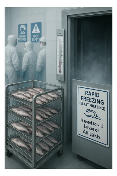 a fish processing facility where freshly caught fish are placed on trays and moved into a large industrial freezer. A temperature gauge shows -20°C, and an educational label explains that rapid freezing (abbattimento) is used to kill Anisakis larvae. The background includes workers in protective clothing and clear signage about food safety. in italiano sticker