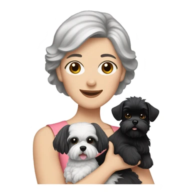 Caucasian women with short grey hair holding two dogs one black shih tzu and one white bichon frise sticker