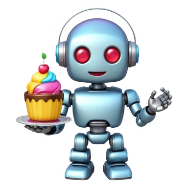 The cute robot is holding dessert in its hands, 3d emoji sticker