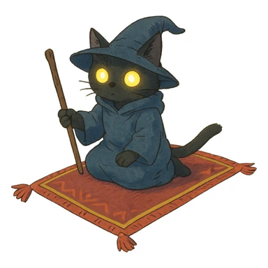 fantasy wizard cat with glowing eyes on a flying carpet, ghibli style sticker
