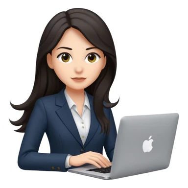 Sales women specialist in shipping with dark long hair with suits and MacBook  sticker