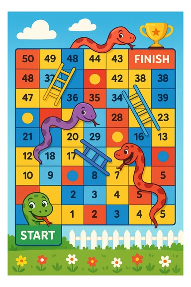 Create a colorful rectangular board game path in the classic "Snakes and Ladders" style. The path consists of 50 numbered squares arranged in a winding pattern across 4–5 horizontal rows. The path starts in the bottom-left corner with a cheerful cartoon snake's face and the word "START", and ends in the top-right corner with a trophy icon and the word "FINISH". Include several snakes that slide the player down (curvy red or purple snakes with playful expressions) and ladders that move the player up (brightly colored ladders with blue or yellow rungs). Some squares are colored differently (e.g. red, blue, yellow) to indicate special actions. The background is bright and fun, with a blue sky, white clouds, green grass, and a picket fence with flowers. Style: digital cartoon illustration with bold lines, vibrant colors, and a joyful, child-friendly atmosphere. The entire board should be playful, engaging, and suitable for kids aged 5–10. sticker