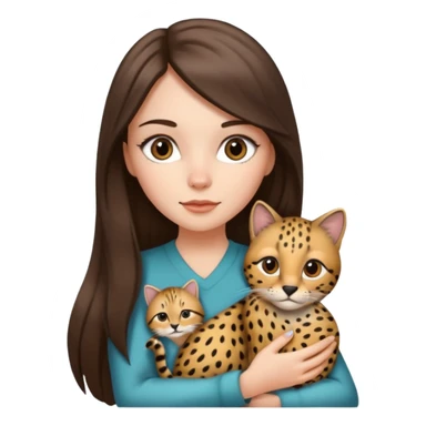 a white girl with brunette long straight hair holding a grey cat. the grey cat has black lines and cheeta prints in its fur. sticker