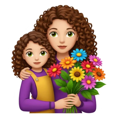 light skinned brunette long curly haired woman with green/hazel eyes holding big bright bunch of flowers with one hand and daughter's hand (also with long brown curly hair) in other. White background. sticker