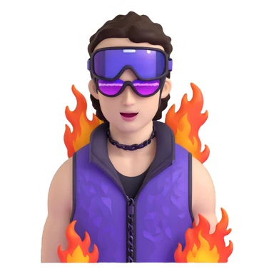 close-up of cool guy male athlete with white skin and moderately curly dark brown hair on top with shaved sides, with one purple ski goggle lens pushed up above his eyes on his forehead, sticking his tongue out of his mouth, a simple plain black chain necklace, and a completely unzipped sleeveless vest with purple and black sequin fire pattern design with no logo sticker