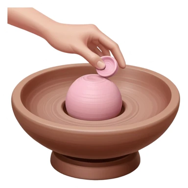 single hand throwing a pink ball of clay onto a pottery wheel, only one hand visible in the frame sticker